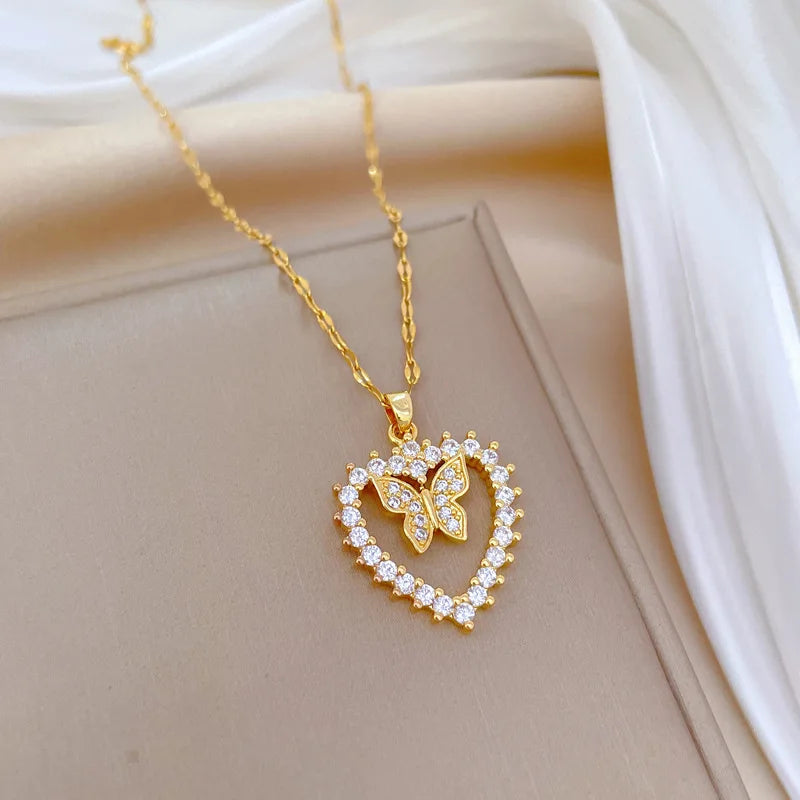 OIMG 316L Stainless Steel Gold Plated Hollow Heart Micro Inlaid Zircon Butterlfy Fairy Pendant Necklace For Women Bride Wedding