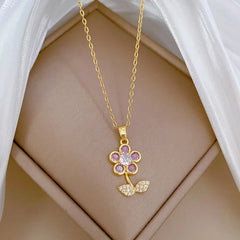 OIMG 316L Stainless Steel Gold Plated Romantic Sweet Gradient Tulip Flower Pendant Necklace For Women Princess Birthday Gifts