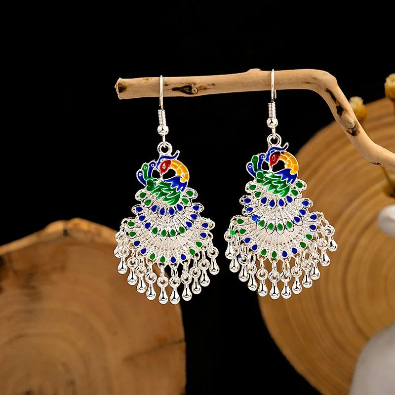 New Peacock Hidden Silver Color Earrings Women's Indian Earrings Boho Bell Tassel Dangle Earrings