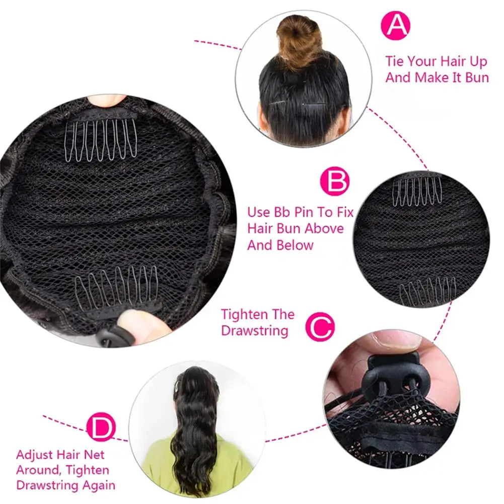 Body Wave Hair Extension Clip Ponytail 100% Human Hair Extensions Natural Black Drawstring Ponytail Extensions For Woman 26 Inch