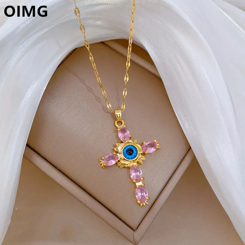 OIMG 316L Stainless Steel Gold Plated Exaggerated Pink Cross Evil Eyes Big Pendant Necklace For Women Luxury Jewelry 2024