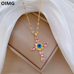 OIMG 316L Stainless Steel Gold Plated Exaggerated Pink Cross Evil Eyes Big Pendant Necklace For Women Luxury Jewelry 2024