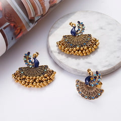 Retro Gold Color Alloy India Earring/Ring Set Women's Wedding Jewelry Blue Peacock Jhumka Earrings Hangers