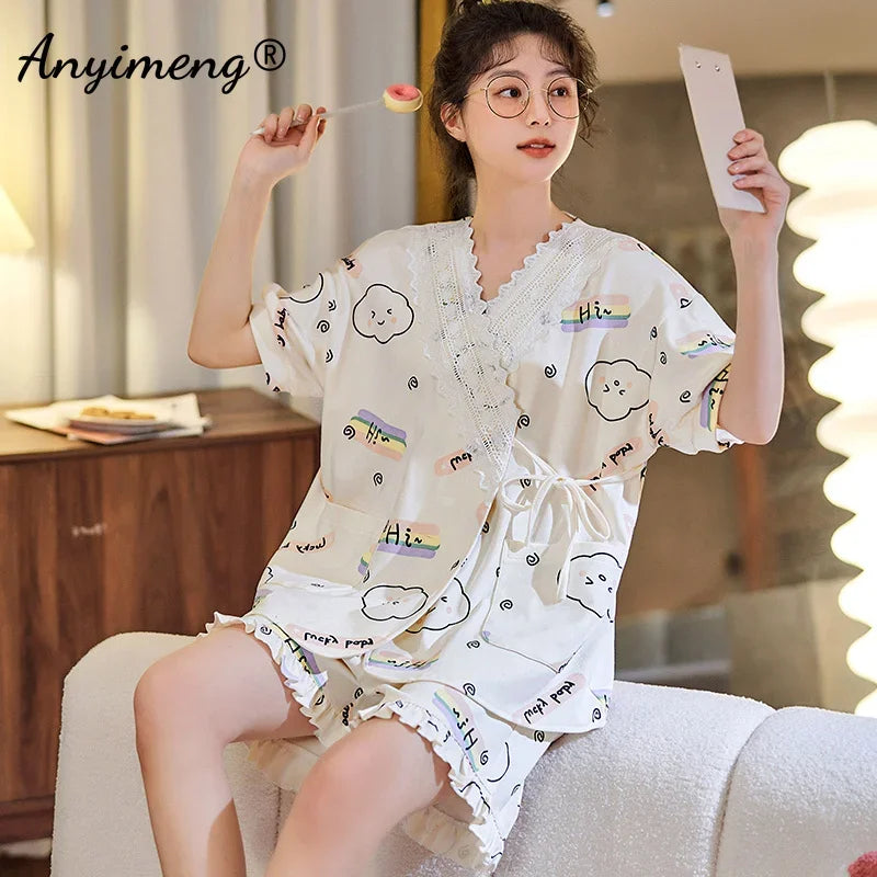 New Summer Fashion Soft Cotton Women's Pajamas Kawaii Animal Printing Sleepwear Shorts Kimono Loose Nightwear for Young Girls