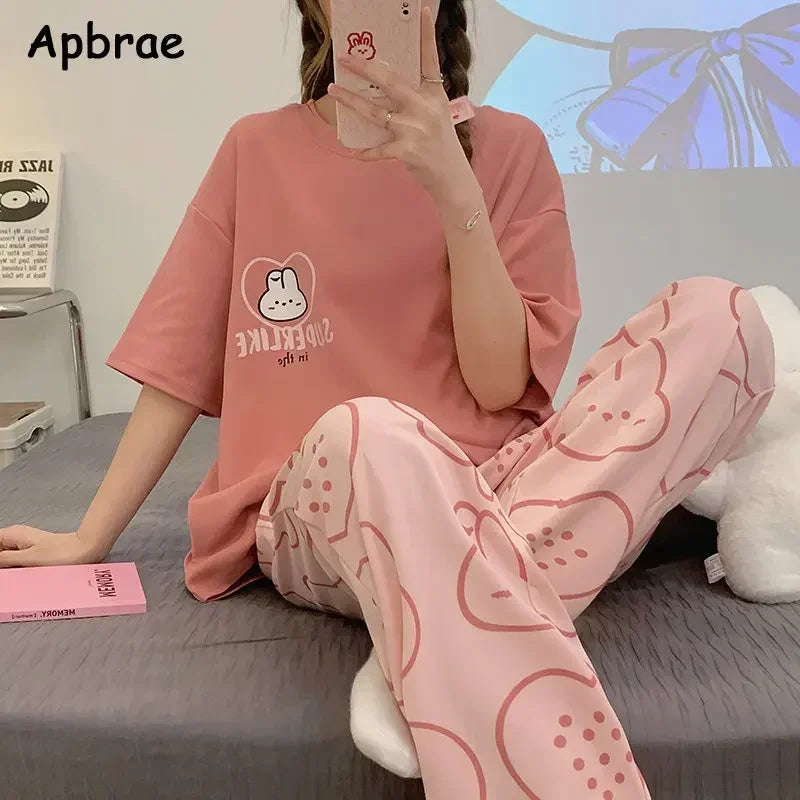 New Pajama Cartoon Cotton Pajamas for Women Summer Short Sleeved Long Pants Sleepwear Korean Fashion Rabbit Print Home Clothing