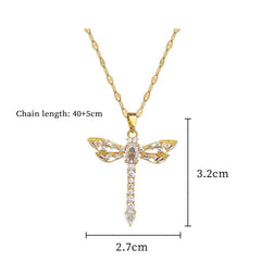 OIMG 316L Stainless Steel Gold Plated Hollow Zircon Dragonfly Light Luxury Charm Gorgeous Full Butterfly Necklace For Women