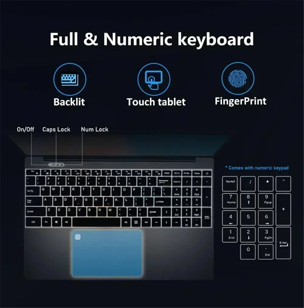 Portable Laptop 15.6" 32GB Ram DDR4 2TB SSD Windows 11 Notebook Pc Gamer Intel N5095 Office Computer with Backlit Fingerprint