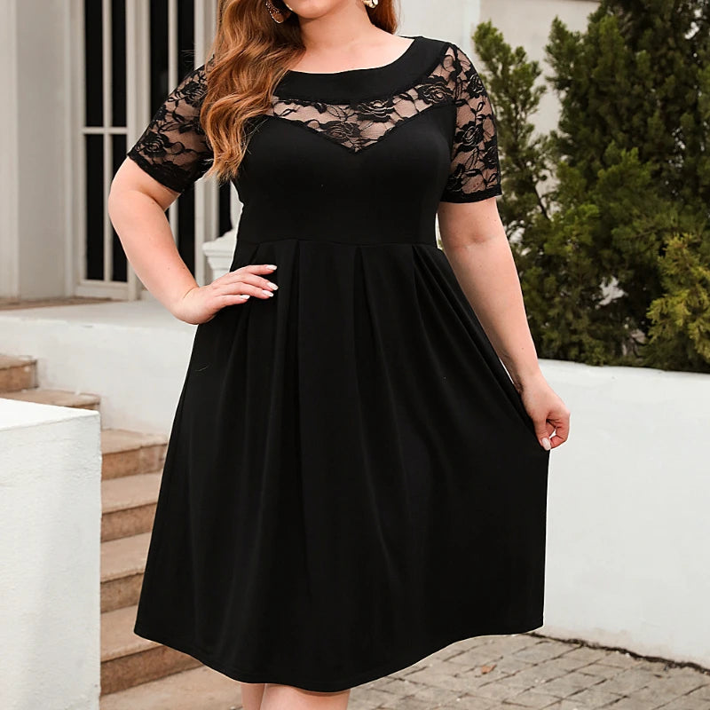 Plus Size casual black Dress Lace Splicing Crew Neck Short Sleeve High Waist Ruched Fashion Elegant Women's Dresses for Party