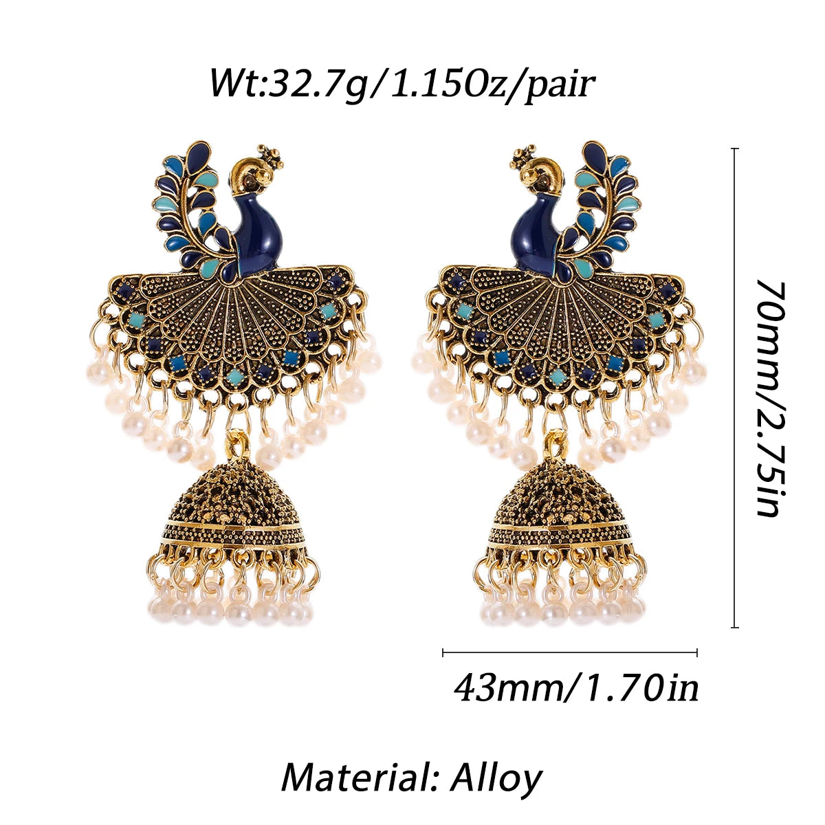 Retro Gold Color Alloy India Earring/Ring Set Women's Wedding Jewelry Blue Peacock Jhumka Earrings Hangers