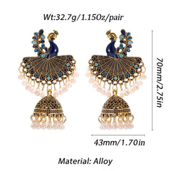 Retro Gold Color Alloy India Earring/Ring Set Women's Wedding Jewelry Blue Peacock Jhumka Earrings Hangers