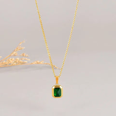 OIMG 316L Stainless Steel Gold Plated Emerald Zirconia Geometric Square Pendant Necklace For Women Girls Temperament Jewelry