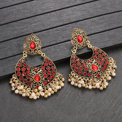 New Ethnic Blue CZ Jhumka Earrings India Jewelry Women's Gold Color Alloy Beads Tassel Earrings Female