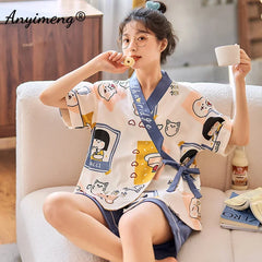 New Summer Fashion Soft Cotton Women's Pajamas Kawaii Animal Printing Sleepwear Shorts Kimono Loose Nightwear for Young Girls