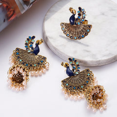 Retro Gold Color Alloy India Earring/Ring Set Women's Wedding Jewelry Blue Peacock Jhumka Earrings Hangers