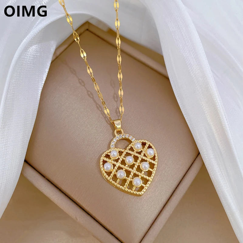 OIMG 316L Stainless Steel Gold Plated Trendy Exquisite Imitation Pearl Pendant Necklaces For Women Girls Mother Zirconia Jewelry