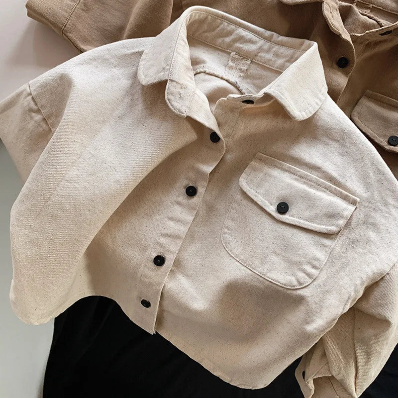 2024 New Children Long Sleeve Shirts Jacket Baby Pocket Coat Fashion Girls Cardigan Vintage Kids Jacket Boys Coat Autumn Clothes