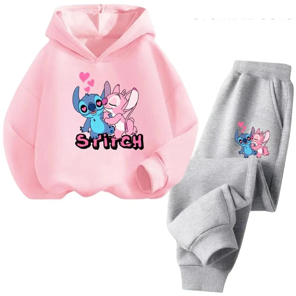 Kawaii Stitch Hoodie For Girls Casual Long-sleeves Sweatshirt+long Pants Sets for 2-13 Years Kids Autumn 2pcs Set Clothing