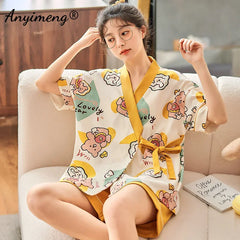 New Summer Fashion Soft Cotton Women's Pajamas Kawaii Animal Printing Sleepwear Shorts Kimono Loose Nightwear for Young Girls