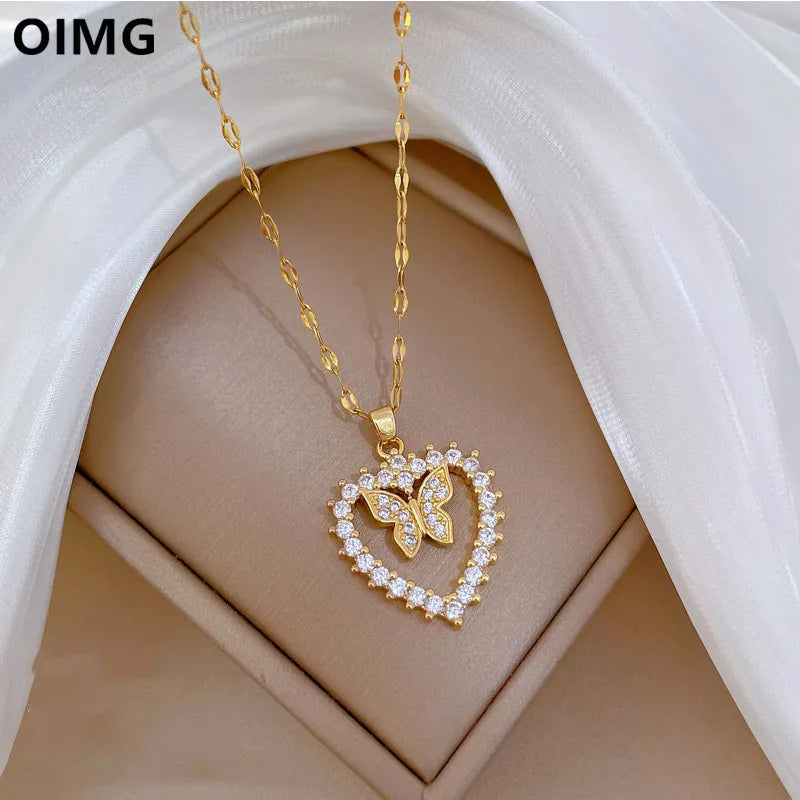 OIMG 316L Stainless Steel Gold Plated Hollow Heart Micro Inlaid Zircon Butterlfy Fairy Pendant Necklace For Women Bride Wedding