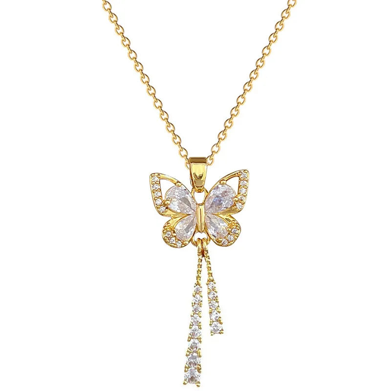 OIMG 316L Stainless Steel Gold Plated Luxury Jewelry Romantic Taseel Butterfly Necklace For Women Bridal Wedding Party Gifts