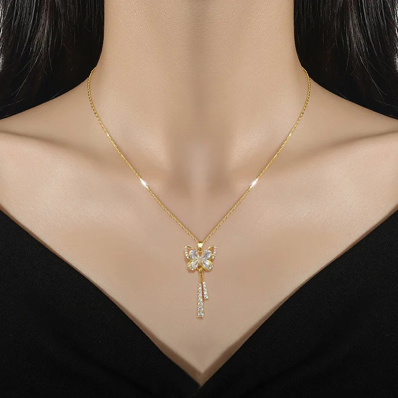 OIMG 316L Stainless Steel Gold Plated Luxury Jewelry Romantic Taseel Butterfly Necklace For Women Bridal Wedding Party Gifts