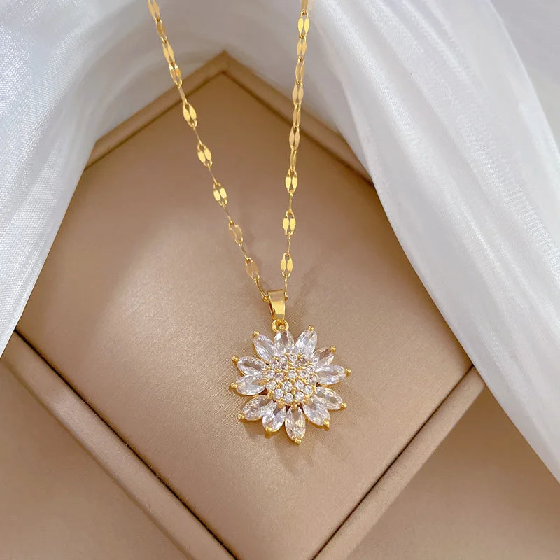 OIMG 316L Stainless Steel Gold Color Luxury Jewelry For Women Charm Flower Sunflower Daisy Pendant Necklace Temperament Gifts