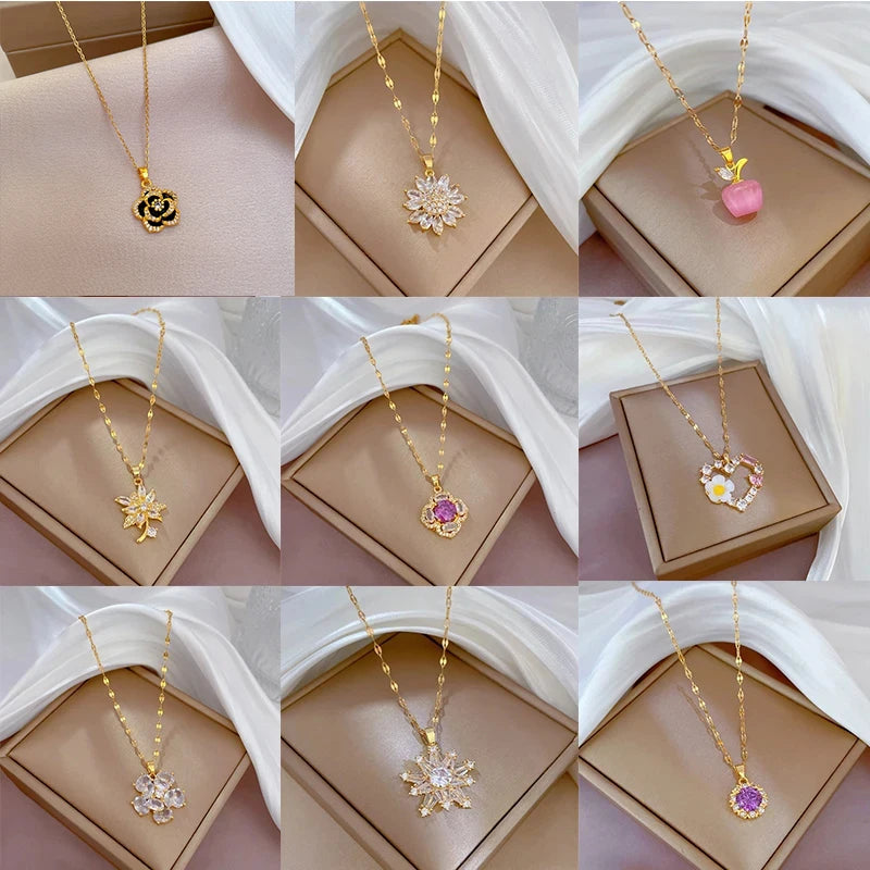 OIMG 316L Stainless Steel Gold Color Luxury Jewelry For Women Charm Flower Sunflower Daisy Pendant Necklace Temperament Gifts