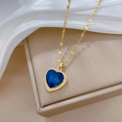 OIMG 316L Stainless Steel Gold Plated Light Luxury Charm Blue Zirconia Heart Necklace For Women Girl Gorgeous Party Jewelry 2023