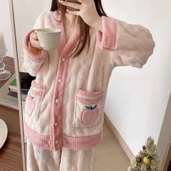 Strawberry Print Sleepwear Women Pajamas Set Winter Fleece Velvet 2 Pieces Home Suit Sleep Fluffy Korean Piiama Warm Night Wear