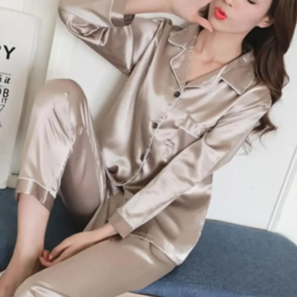 2 Pieces Women Silk Satin Pajamas Pyjamas Set Sleepwear Pijama Winter Long Sleeve Tops Pants Set Loungewear pyjama pour femme