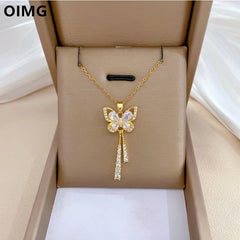 OIMG 316L Stainless Steel Gold Plated Luxury Jewelry Romantic Taseel Butterfly Necklace For Women Bridal Wedding Party Gifts