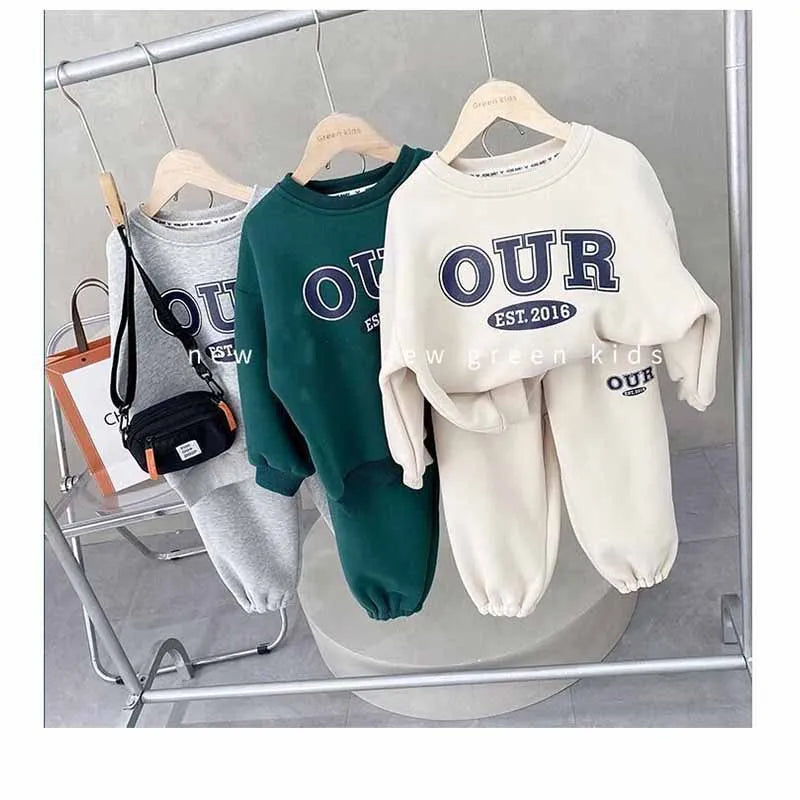 2024 Boys Round Neck Sweater Sets Children's Warm Casual Loose 2Pcs Autumn Winter New Kids Long-Sleeved Letter Sports Suit 2-6Y