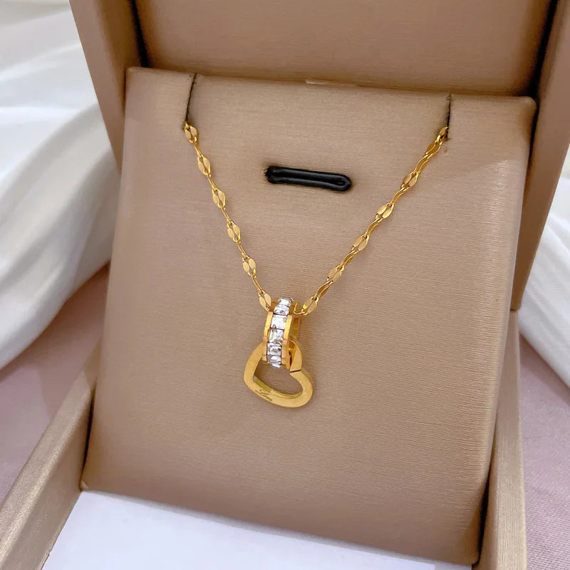 OIMG Artificial Gems Zirconia Not Fade Color heart Pendant Necklaces For Women Gold Titanium steel Neck Chain Jewelry Gift