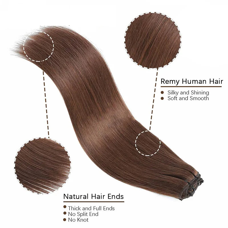 Clip in Hair Extensions Real Human Hair color #4 Chocolate Brown Clip in Hair Extensions 8pcs Hair Extensions for Women