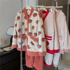 Strawberry Print Sleepwear Women Pajamas Set Winter Fleece Velvet 2 Pieces Home Suit Sleep Fluffy Korean Piiama Warm Night Wear