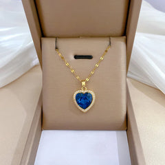 OIMG 316L Stainless Steel Gold Plated Light Luxury Charm Blue Zirconia Heart Necklace For Women Girl Gorgeous Party Jewelry 2023