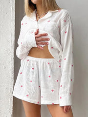 Linad Loose Women's Home Clothes 2 Piece Sets Print Long Sleeve Sleepwear Female Cotton Suits With Shorts Summer Casual Pajamas