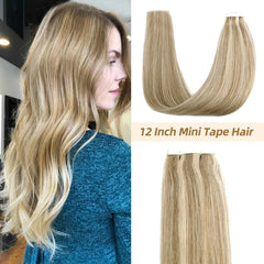 Neitsi Invisible Mini Tape In Hair Extensions Black Women 100% Natural Adhesive Human Hair Tape Ins Straight 12" 16"Blonde Ombre