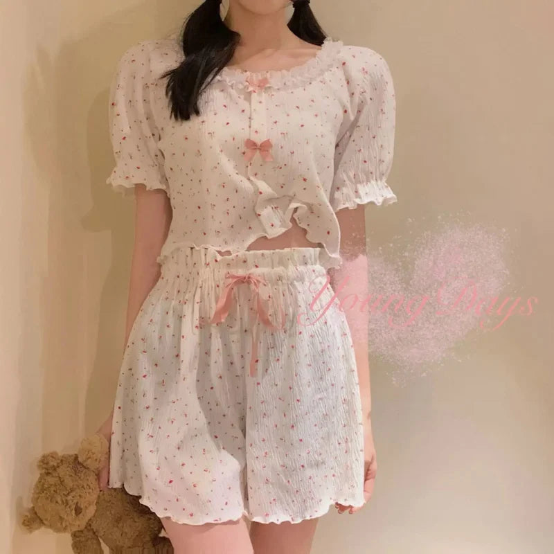 Floral sleepwear women pajama sets teenage girls pijama shorts suit home summer Korean lace bow night wear for sleeping 2 pieces