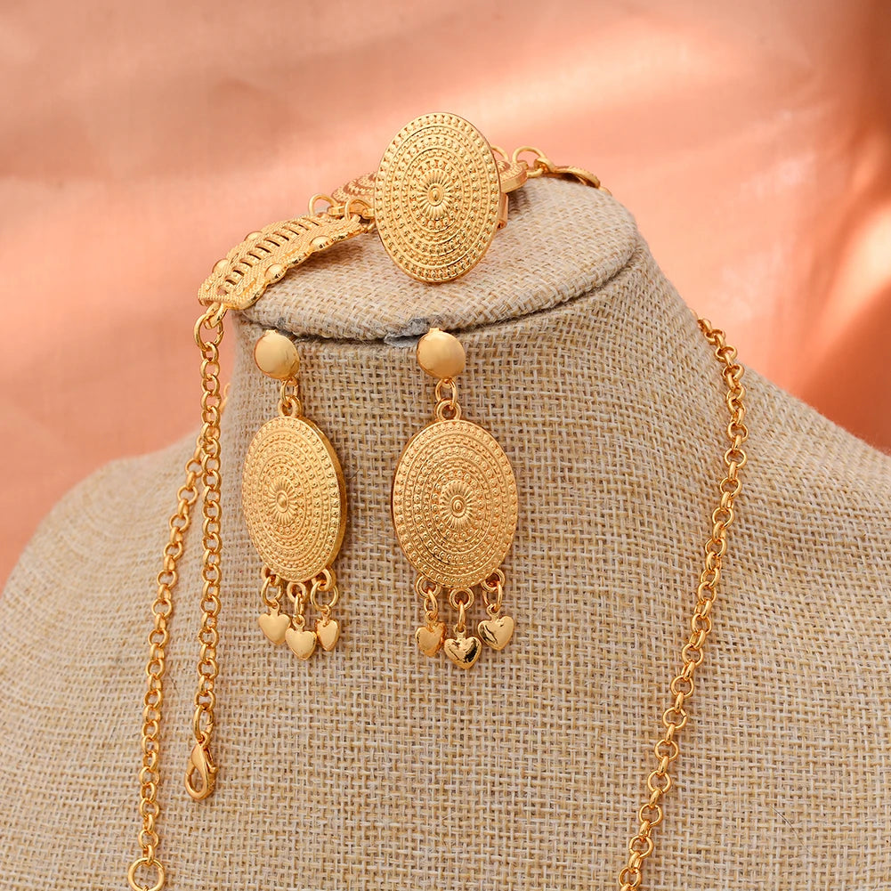 Annayoyo 60Cm Dubai India Gold Color Jewelry Sets For Women African Flower Necklace Earrings Party Wedding Bridal Accessories