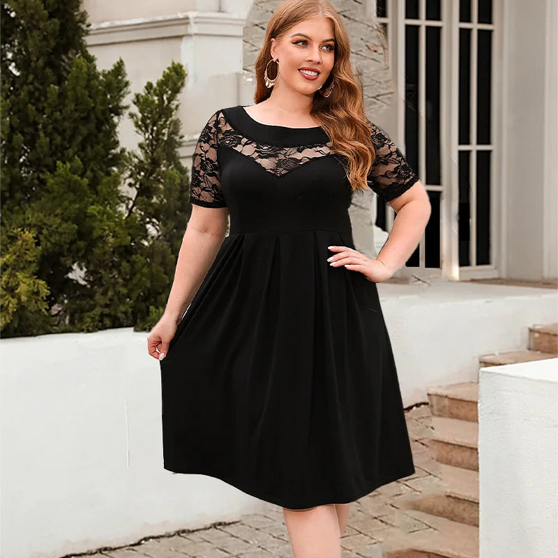 Plus Size casual black Dress Lace Splicing Crew Neck Short Sleeve High Waist Ruched Fashion Elegant Women's Dresses for Party