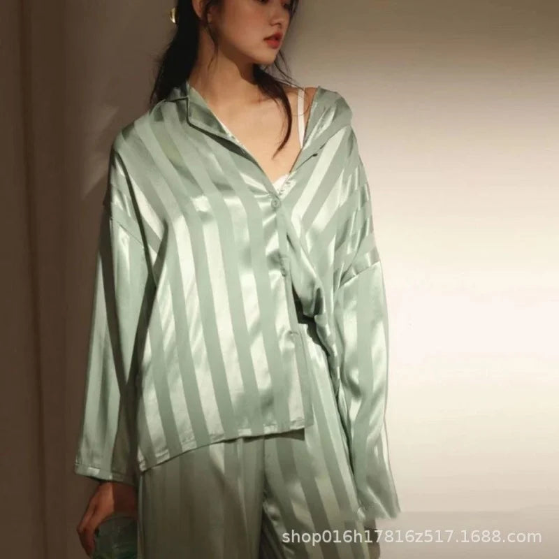 Sleepwear Ladies Spring and Summer Ice Silk Girls Homewear Long-Sleeved Trousers Simulation Silk Green Striped Pajamas Set