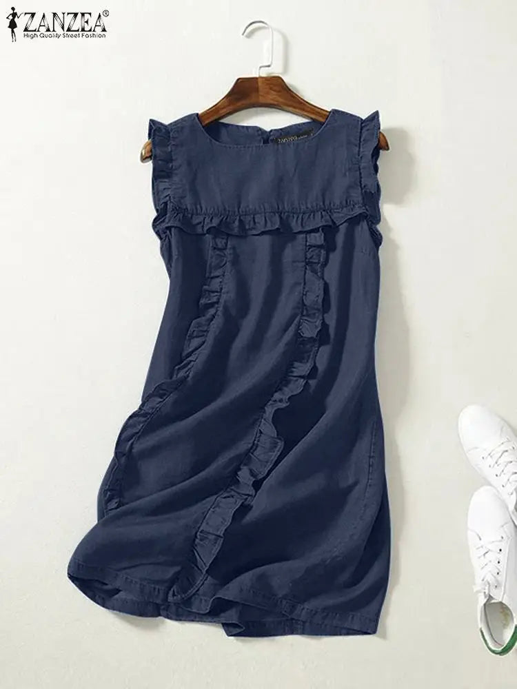 ZANZEA 2023 Summer Fashion Denim Mini Dress Women Casual Sleeveless Ruffles Stitching Tank Dresses Holiday Square Neck Sundress