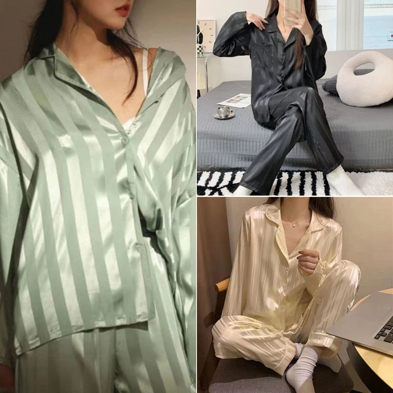 Sleepwear Ladies Spring and Summer Ice Silk Girls Homewear Long-Sleeved Trousers Simulation Silk Green Striped Pajamas Set