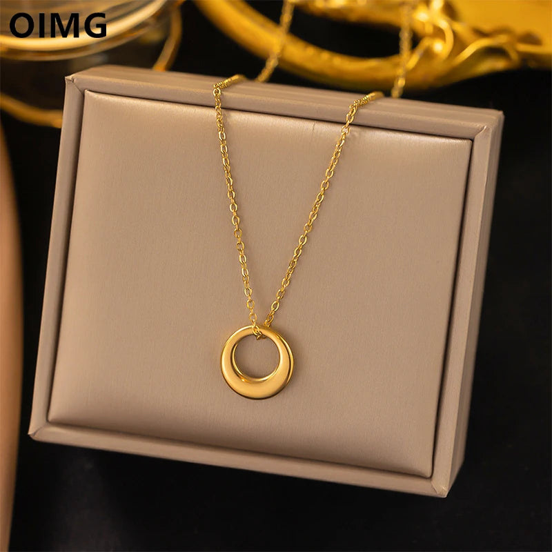 OIMG 316L Stainless Steel Gold Silver Color Korean Simple Geometric Circle Necklace for Women Girls Wholesale Jewelry Not Fade