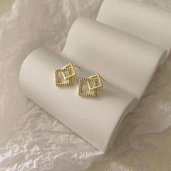 Korean Geometric Double Layers Rhombus Earrings for Women Gold Color Crystal Temperament Earring 2024 Fashion Jewelry Gift