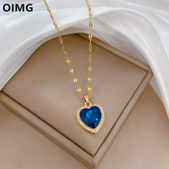 OIMG 316L Stainless Steel Gold Plated Light Luxury Charm Blue Zirconia Heart Necklace For Women Girl Gorgeous Party Jewelry 2023