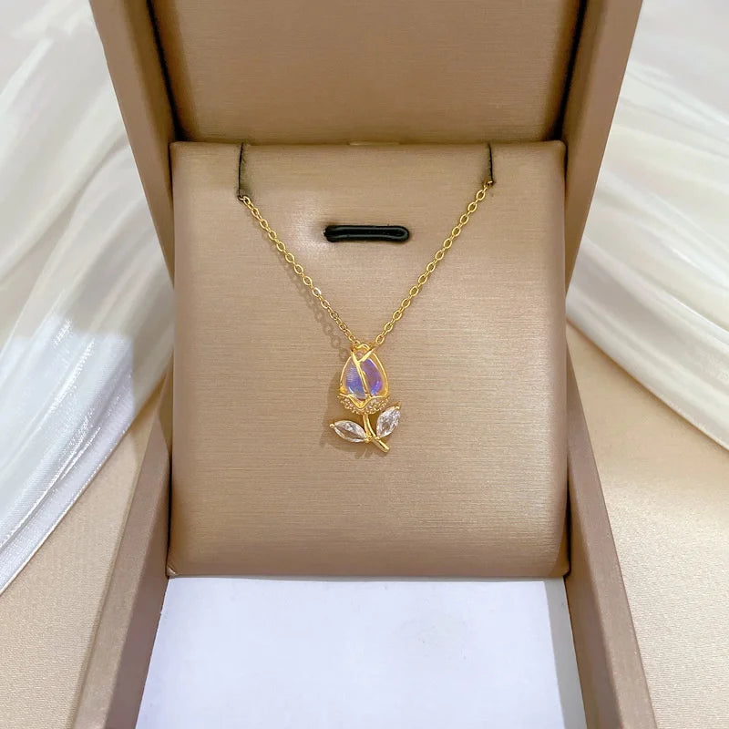 OIMG 316L Stainless Steel Gold Plated Romantic Sweet Gradient Tulip Flower Pendant Necklace For Women Princess Birthday Gifts