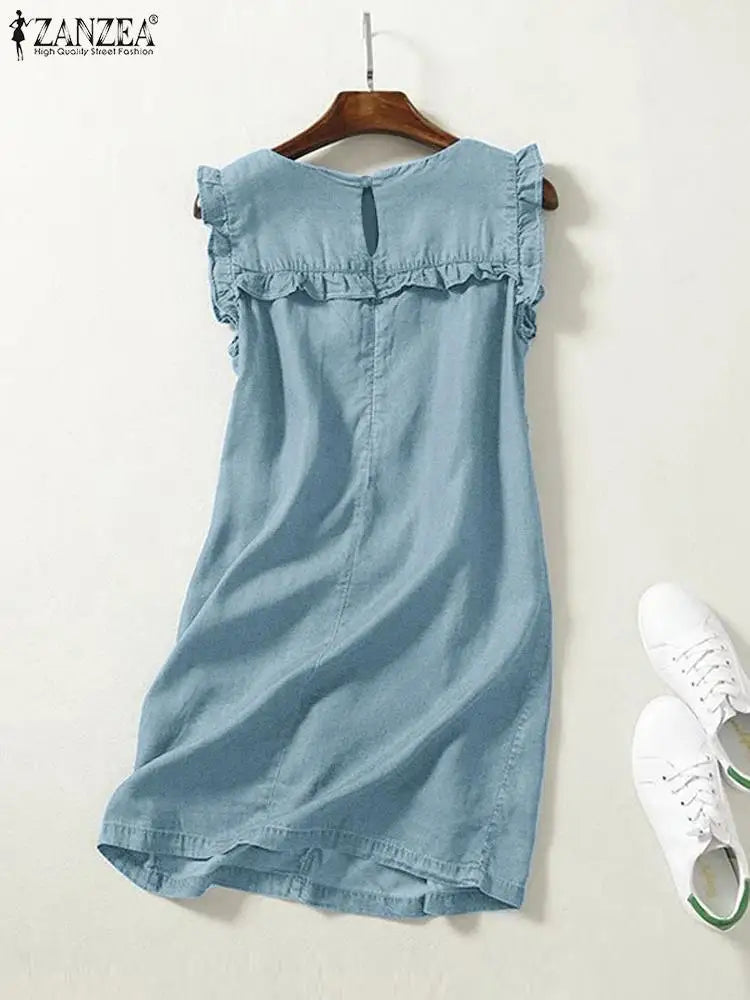 ZANZEA 2023 Summer Fashion Denim Mini Dress Women Casual Sleeveless Ruffles Stitching Tank Dresses Holiday Square Neck Sundress