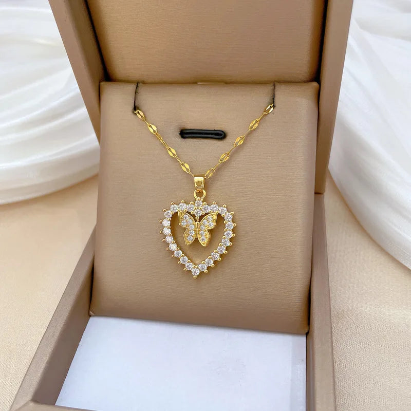 OIMG 316L Stainless Steel Gold Plated Hollow Heart Micro Inlaid Zircon Butterlfy Fairy Pendant Necklace For Women Bride Wedding